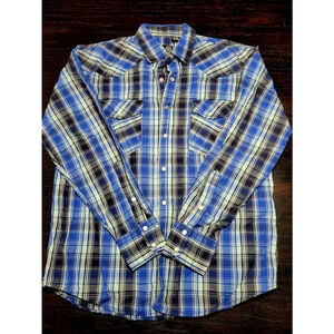 Point Zero Blue Black Plaid Pearl Snap Mens Medium